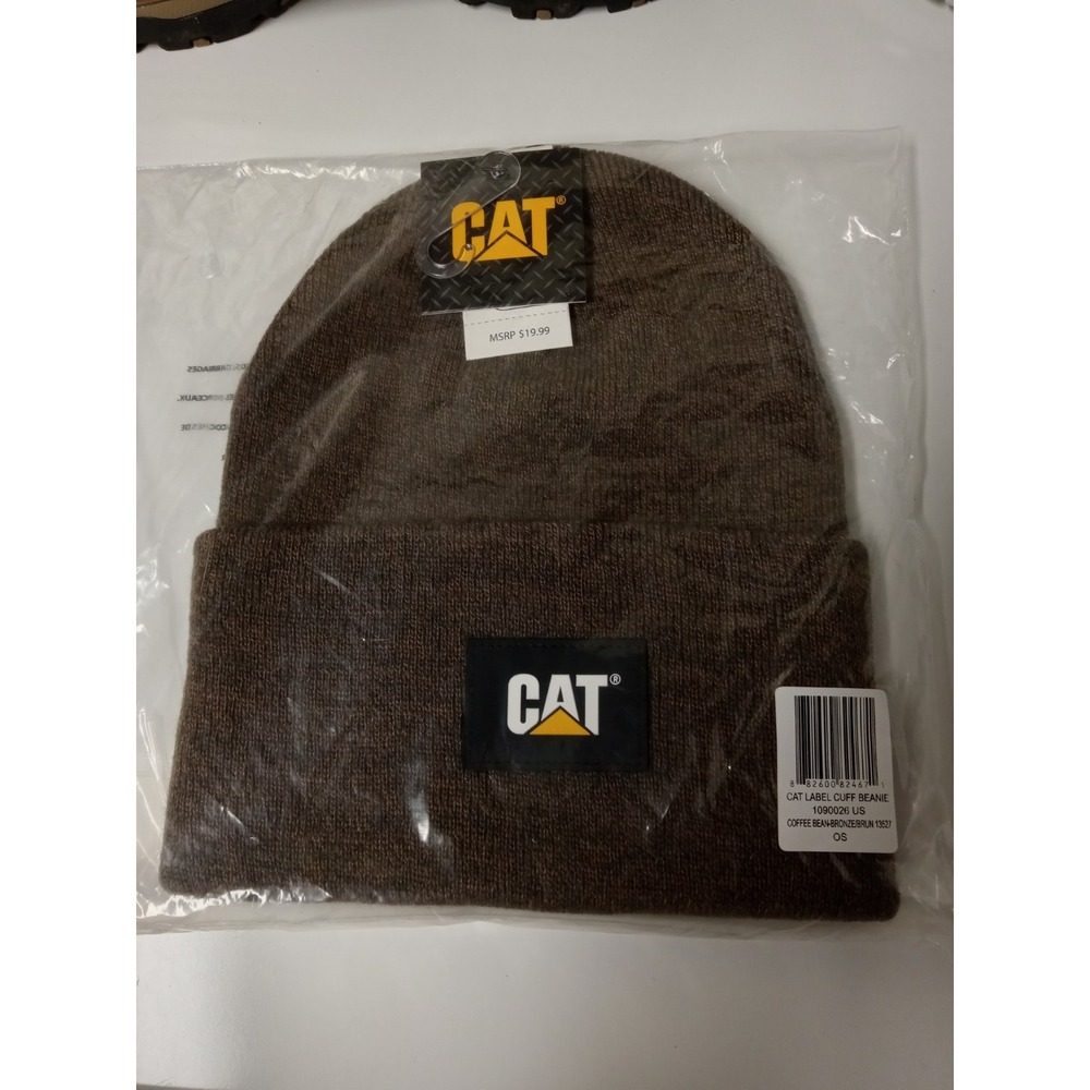 Caterpillar CAT Equipment Mens Label Cuff Brown Winter Beanie Cap Hat Logo New